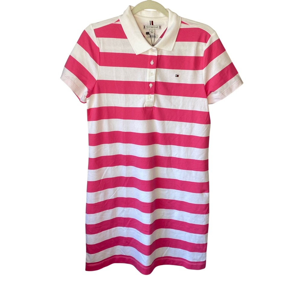 Tommy Hilfiger Womens Pink White Striped Polo Dress Classic Fit Medium NWT